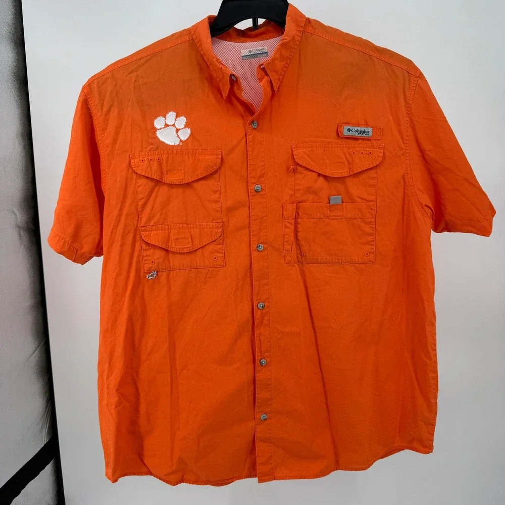 Columbia‎ Clemson Tigers PFG Fishing Shirt Mens XXL Orange Short Sleeve Utility
